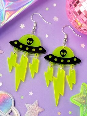 Neon Green UFO Lightning Bolt Alien Spaceship Dangle Earrings New